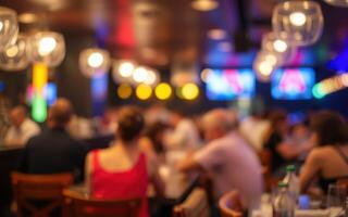 Vibrant evening at a bustling restaurant with lively conversations and bright lights photo