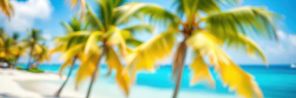 Vibrant tropical beach with swaying palm trees on a sunny day by clear blue waters photo