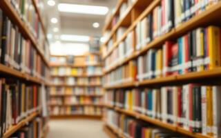 Library interior with shelves filled with books and soft lighting creating a cozy reading atmosphere photo