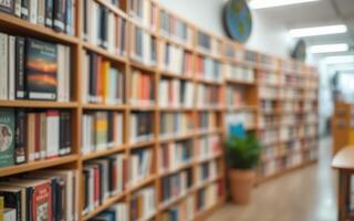 Library interior showcasing rows of books on shelves with wooden furniture in a quiet reading area photo