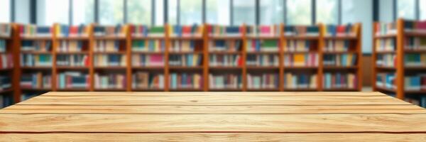 Wooden table in a library with rows of bookshelves filled with books in the background during daylight photo