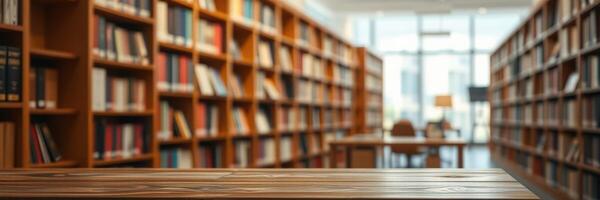 Library interior with wooden tables and bookshelves filled with books in a well-lit environment photo