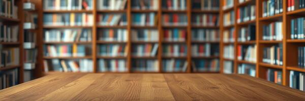 Shelves filled with books create a warm atmosphere in a cozy library setting with a wooden table photo