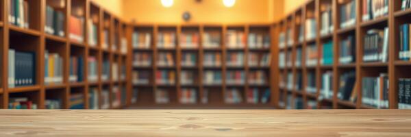 Library interior with organized shelves and wooden table in focus, creating a peaceful study atmosphere photo