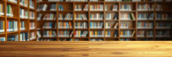 Wooden table in a library with rows of bookshelves in the background photo