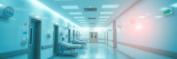 Brightly lit hospital corridor with empty patient rooms showcasing a clean and modern healthcare environment photo