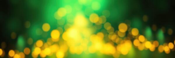 Colorful bokeh light background creating a festive atmosphere with shimmering green and yellow hues photo