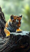 Playful tiger cub exploring a tree trunk in a lush forest setting during daytime hours photo