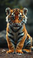 Young tiger sits on the ground looking intently at the viewer in a natural habitat setting photo