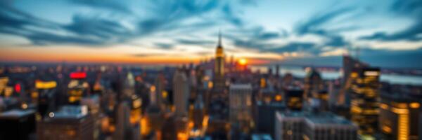 Stunning sunset over an urban skyline featuring iconic landmarks and distant water views photo