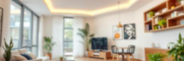 Modern living room with minimalist design and soft lighting showcasing a cozy atmosphere filled with plants photo