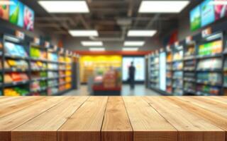 Grocery store interior with wooden counter showcasing products in an organized, well-lit environment photo