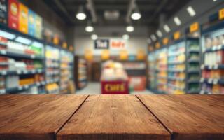 Wooden table view in a grocery store aisle with colorful product shelves in the background photo