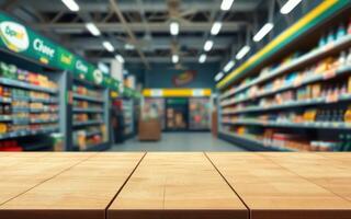 Supermarket interior with wooden table in foreground and product shelves in background during daytime shopping hours photo