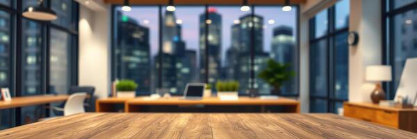 Modern office interior with city skyline view at dusk, showcasing workspace and urban architecture photo