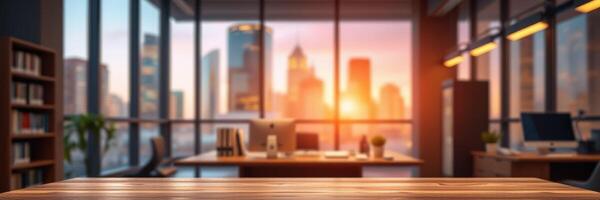 Office workspace with sunset view over city skyline and modern design elements photo