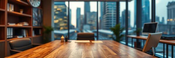 Modern office meeting space with city skyline view during twilight hours enhancing productivity and collaboration photo