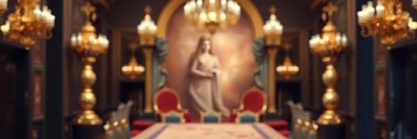 Lavish banquet hall adorned with golden chandeliers and elegant seating in a historic building photo