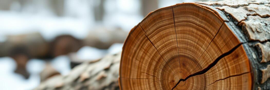 de cerca ver de un cortar árbol Iniciar sesión demostración crecimiento anillos en un Nevado bosque paisaje durante invierno foto