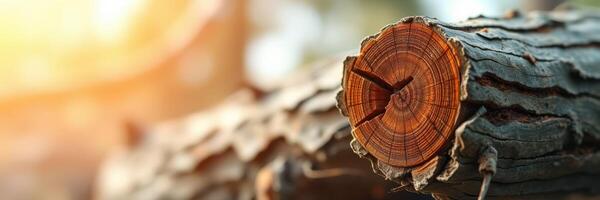 Sunlight filters through trees highlighting the textured surface of a wooden log in a serene forest setting photo