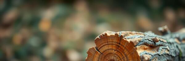 Close-up view of a tree stump showing annual rings and intricate textures in a natural forest setting photo