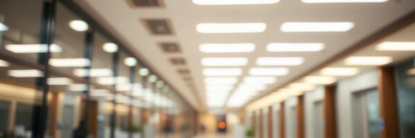 Brightly lit corridor in a modern building featuring smooth surfaces and soft reflections photo
