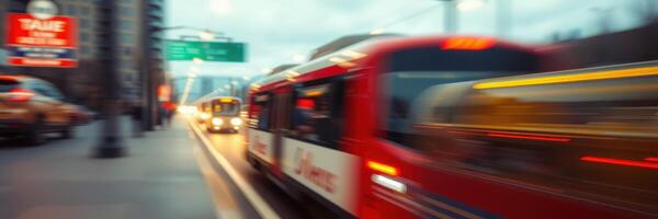 Urban transit system at twilight with blurred buses and city lights in motion photo