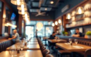 Cozy restaurant interior with warm lighting and patrons enjoying their meals during a busy evening photo