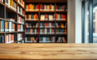 Cozy library with wooden table and bookshelves filled with colorful books in warm lighting photo