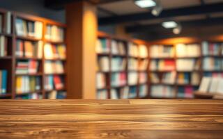 Cozy library atmosphere with wooden table and shelves filled with colorful books photo