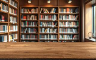 Cozy library interior with wooden table and bookshelves filled with volumes in a quiet reading space photo