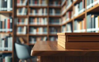 Wooden desk with stacked books in a quiet library filled with bookshelves during the daytime photo