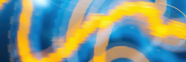 Bright abstract shapes blend in vibrant hues of blue and yellow, creating a dynamic visual experience during a contemporary art event at sunset photo