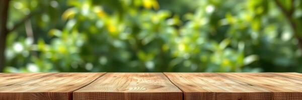 Rustic wooden table in a lush green park during a sunny day captures natural tranquility and beauty photo