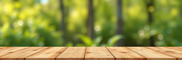 Wooden tabletop with blurred nature background showcasing vibrant greenery in daylight photo