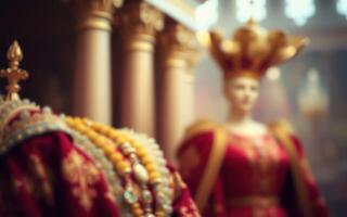 Detailed view of ornate costumes and regal attire in a cultural display showcasing craftsmanship and artistry photo