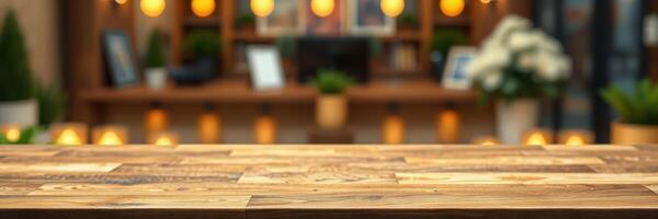 Wooden tabletop in a cozy cafe setting with warm lighting and a welcoming atmosphere photo