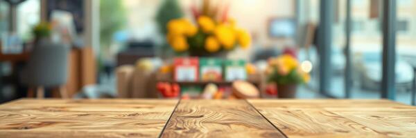 Rustic wooden table in a cozy cafe with colorful flowers and a warm ambiance during the day photo