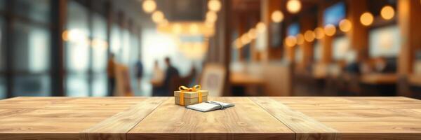 Cozy coffee shop interior with a wooden table featuring a gift box and an open notebook photo