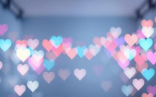 Colorful heart-shaped bokeh lights adorn a festive space for celebrations and romantic occasions photo