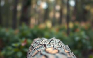 Close-up view of a textured log in a lush green forest during daytime photo