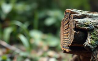 Close-up of a tree stump surrounded by green foliage in a tranquil forest setting during springtime photo