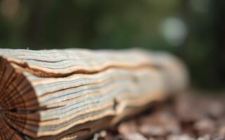 Close view of a weathered log on the forest floor with blurred greenery in the background photo