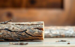 Wooden log centerpiece with rustic texture placed on a wooden surface in a cozy environment during daytime photo