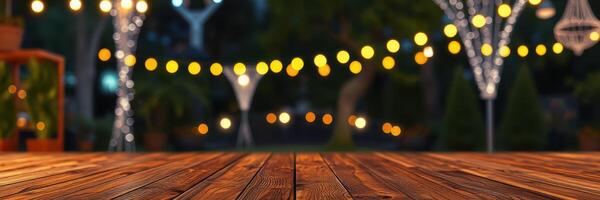 Evening gathering illuminated by warm lights in a garden setting with wooden flooring and festive decorations photo