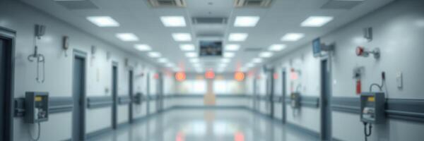Empty hospital corridor during late evening with bright lights illuminating the space photo