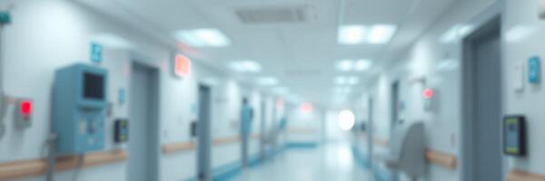 Hospital corridor during daytime with patient rooms and medical equipment in view photo