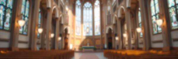 Elegant interior of a historic church with stained glass windows and wooden pews in a tranquil setting photo