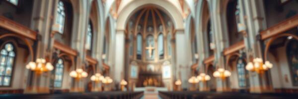 Gothic church interior with ornate architecture and warm lighting during a quiet afternoon service photo