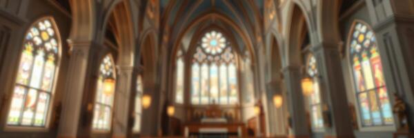 Beautiful interior of a historic church featuring stained glass windows and intricate architecture during golden hour photo
